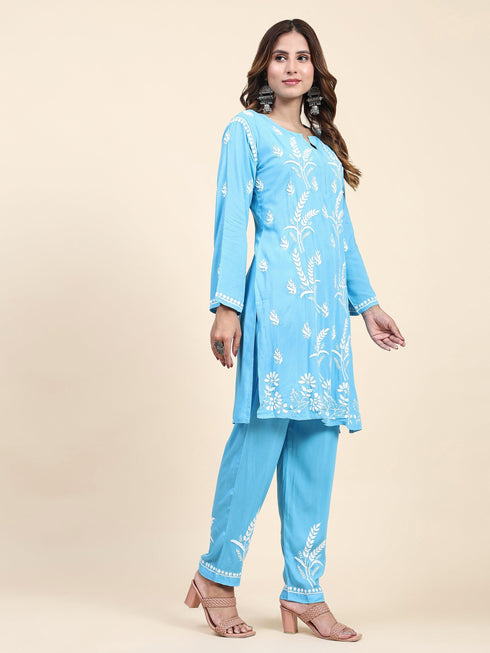 Fizaa Chikankari Short Modal Kurta Set - Blue
